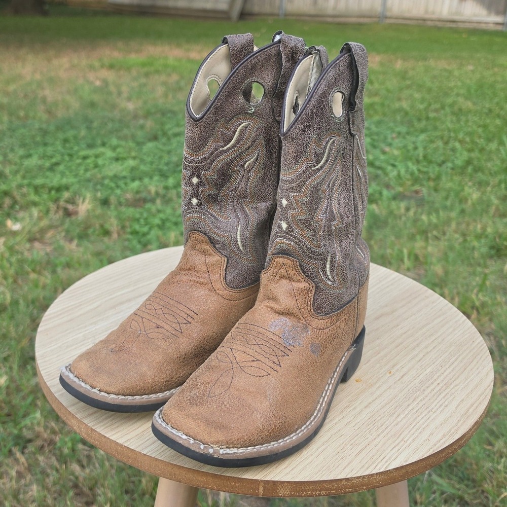 Old West Youth Western Boots Brown Tan Square Toe VB9113 Size 13.5 D